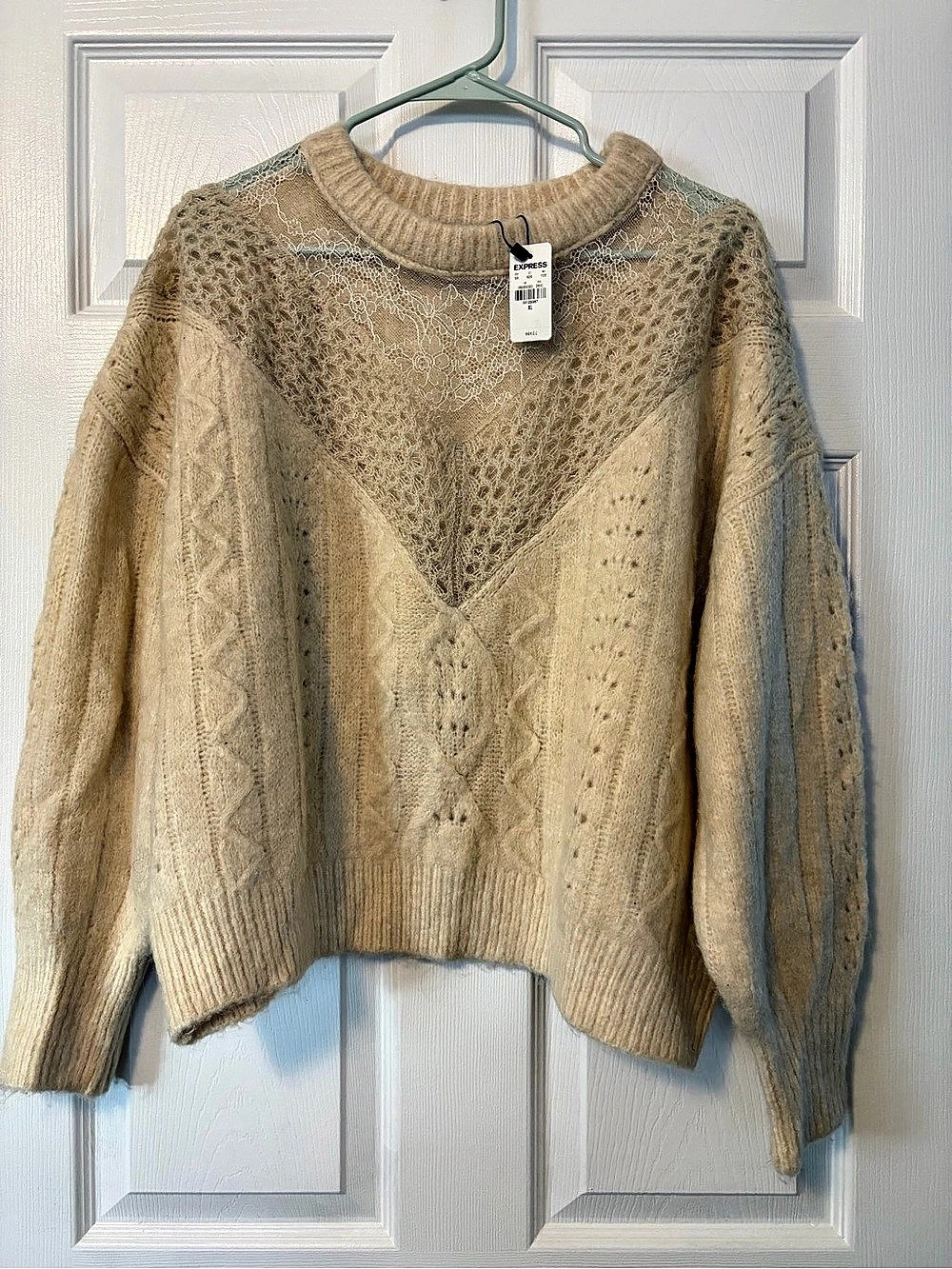 Express Cable Knit Crewneck Sweater in Cream/Beige